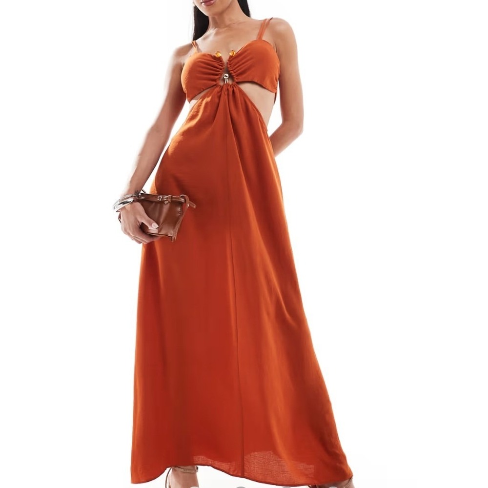NWT ASOS DESIGN Cut Out Maxi Dress Cinnamon Rust Orange Boho Ring Detail plus 14